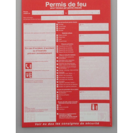 Carnet De PERMIS DE FEU Triplicatas Autocopiants