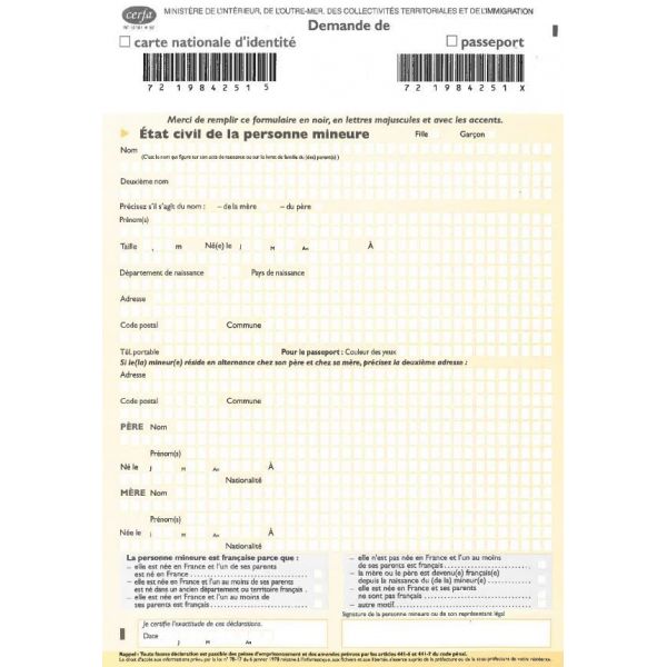 demande de carte nationale d u0026 39 identit u00e9  passeport pour mineurs