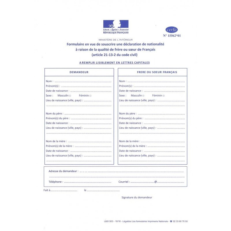 DECLARATION DE NATIONALITE FRANCAISE-QUALITE FRERE SOEUR DE FRANCAIS