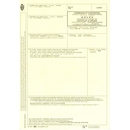 Certificat d'origine en A4 - feuillet "copie" jaune