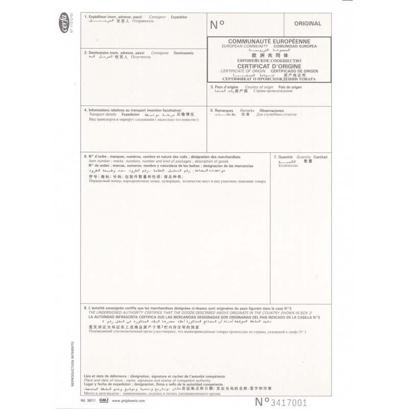 Certificat d’origine – Liasse 6 feuillets 