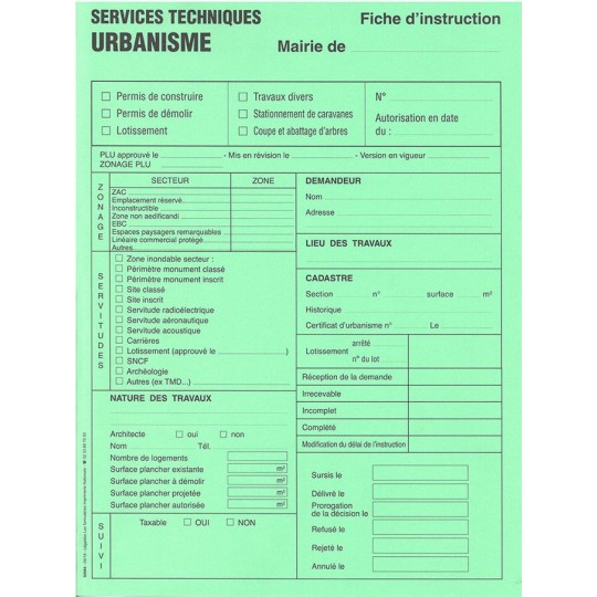 Fiche d'instruction permis de construire, de démolir, lotissement, travaux divers, coupe et