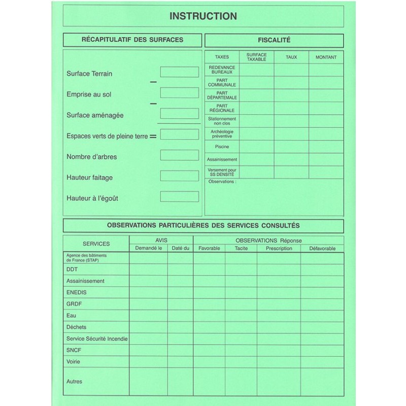 Fiche d'instruction permis de construire, de démolir, lotissement, travaux divers, coupe et abattage d'arbres