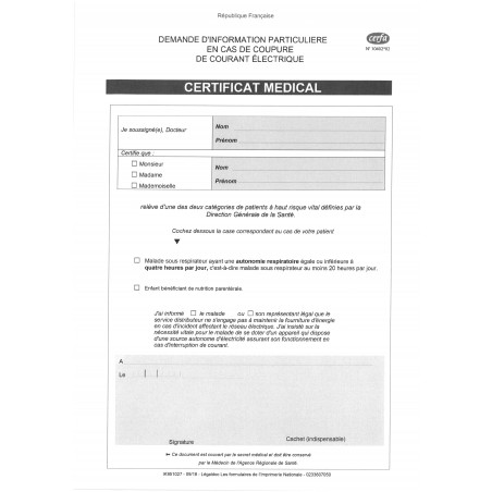 Certificat Médical - Demande particulière en cas de coupure de courant électrique