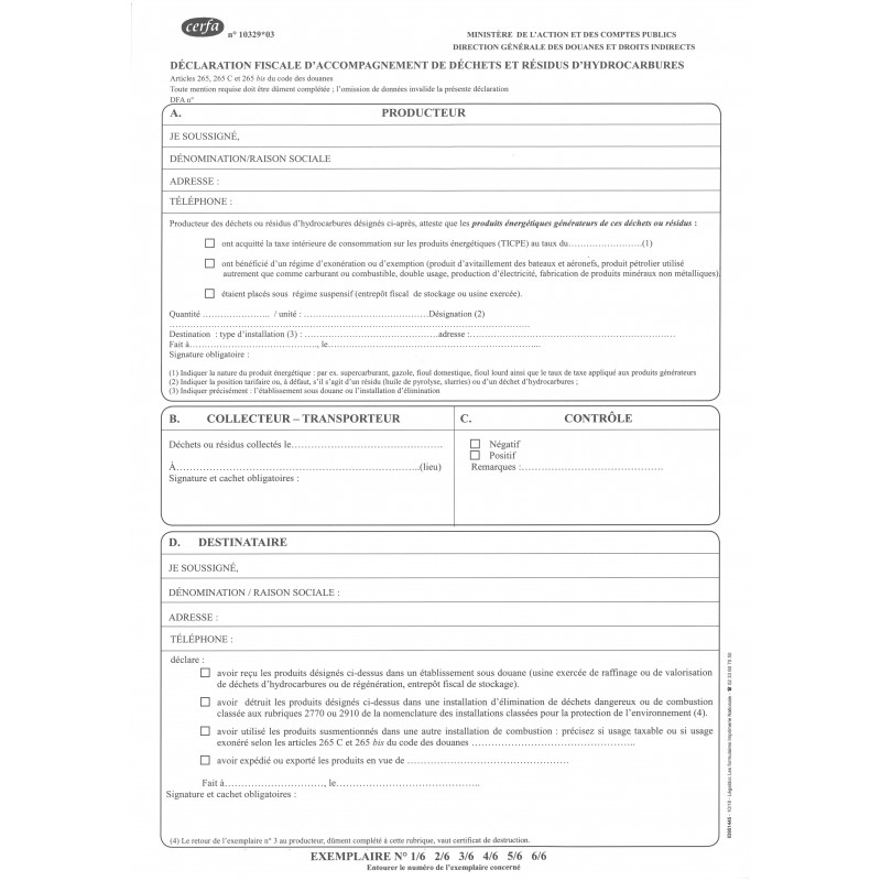 Déclaration fiscale d'accompagnement de déchets et résidus d'ydrocarbures