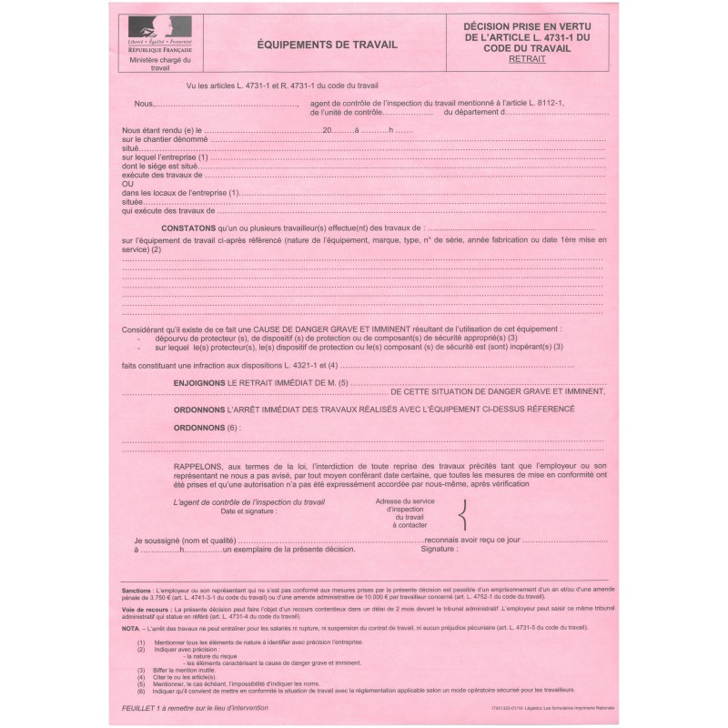 Risques liés aux équipements de travail-ARRET DE TRAVAUX