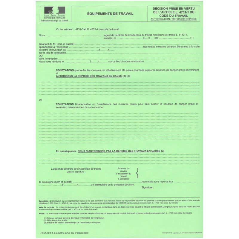 Risques liés aux équipements de travail-AUTORISATION/REFUS Risques liés aux équipements de travail-AUTORISATION/REFUS