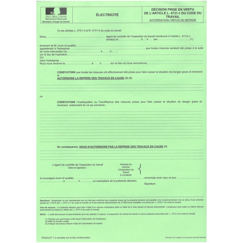 Risques liés à l'electricité- AUTORISATION/REFUS
