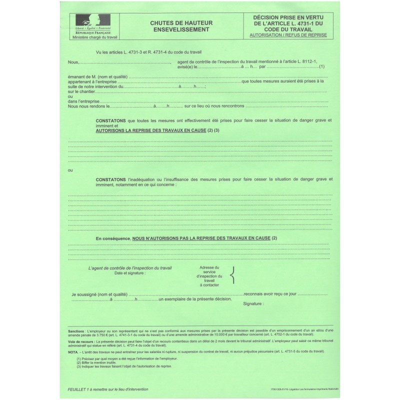 Risques de chutes de hauteur / risques d'ensevelissement - AUTORISATION/REFUS DE REPRISE DE TRAVAUX