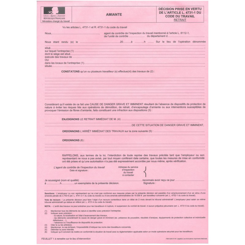 Risque d'exposition à l'amiante - ARRET DE TRAVAUX