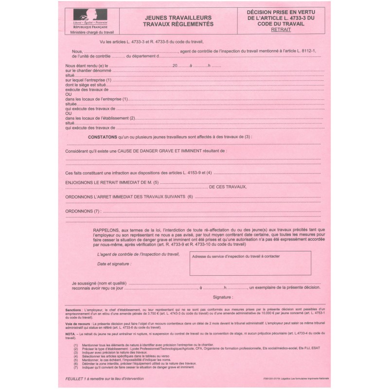Risques liés aux jeunes travailleurs / Arrêt de travaux