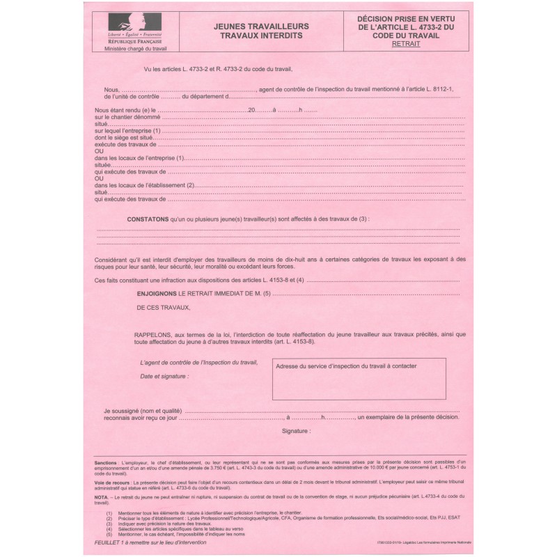 Risques liés au jeunes travailleurs / Travaux Interdits / Arrêt de travaux Risques liés au jeunes travailleurs / Travaux Interdits / Arrêt de travaux