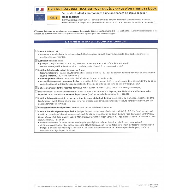 CR.1 Carte de résident subordonnées à une ancienneté de séjour régulier