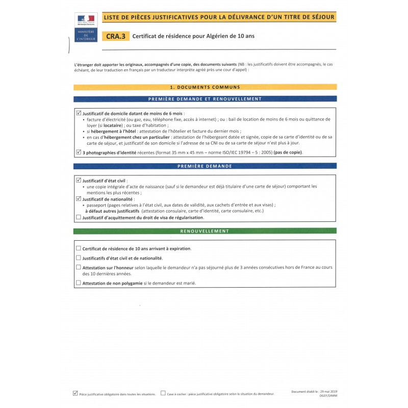 CRA.3 Certificat de résidence pour Algérien de 10 ans