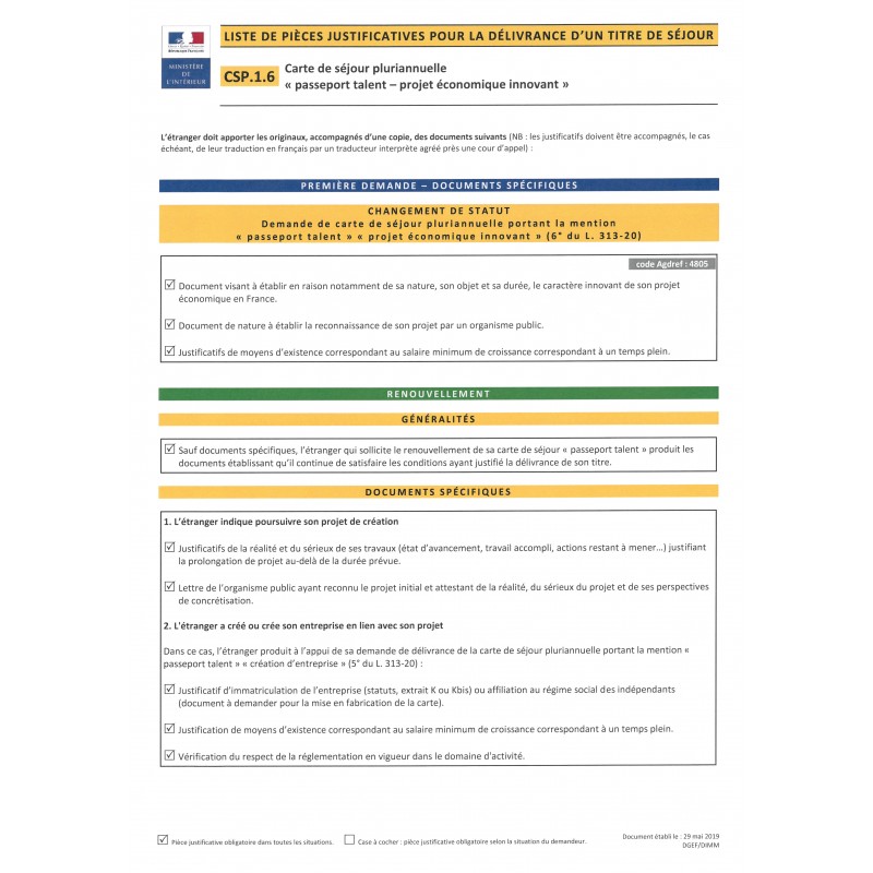 CSP.1.6 Carte de séjour pluriannuelle. "Passeport talent - projet économique innovant"
