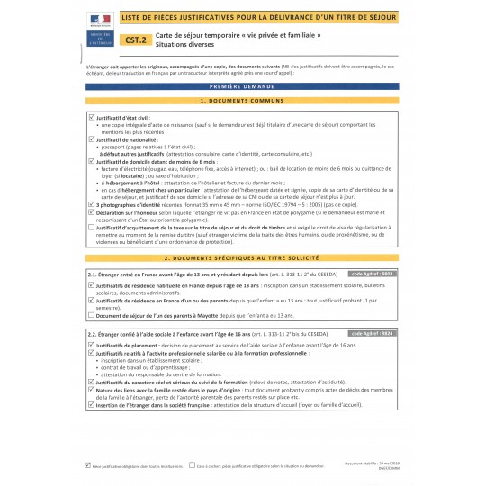 CST.2 Carte de séjour temporaire "vie privée et familiale". Situation diverses